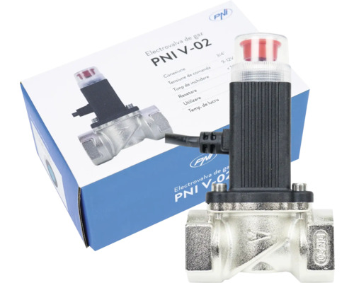 Electrovana de gaz PNI V-02 din metal cu actuator negru, buton de resetare manuală și cablu de conectare.
