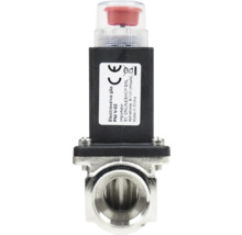 Electrovana pentru gaz cu corp metalic, unitate de control neagră și capac transparent cu inserție roșie.