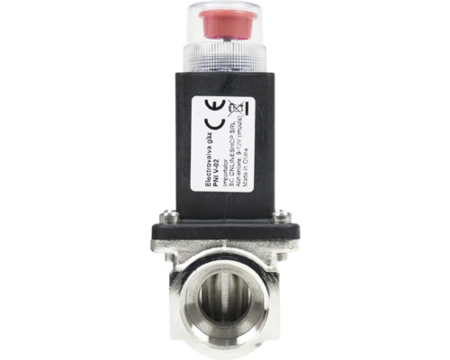 Electrovana pentru gaz cu corp metalic, unitate de control neagră și capac transparent cu inserție roșie.