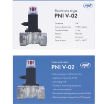 Electrovalvă de gaz PNI V-02 din alamă, conexiune 3/4 inch, tensiune 9 la 12 volți, pentru gaz natural și gaz petrolier lichefiat. Logo PNI.