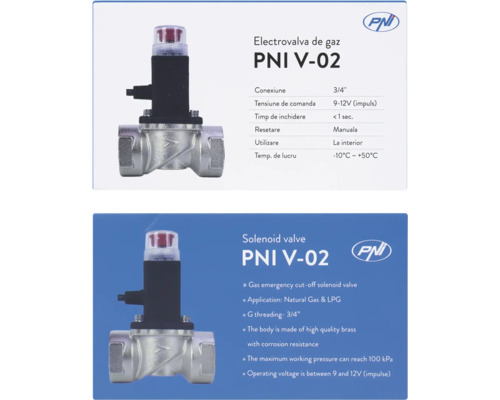 Electrovalvă de gaz PNI V-02 din alamă, conexiune 3/4 inch, tensiune 9 la 12 volți, pentru gaz natural și gaz petrolier lichefiat. Logo PNI.