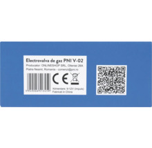 Etichetă tehnică pentru electrovalvă de gaz PNI V-02 cu marcaj CE, simbol de eliminare, cod de bare și cod QR.