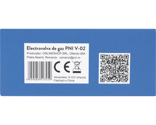 Etichetă tehnică pentru electrovalvă de gaz PNI V-02 cu marcaj CE, simbol de eliminare, cod de bare și cod QR.