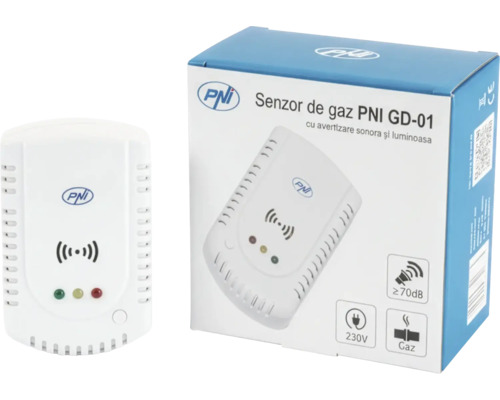Senzor de gaz PNI GD-01 cu avertizare sonoră și luminoasă inclusiv ambalaj, funcționează la 230 volți cu un nivel de alarmă de minim 70 decibeli.