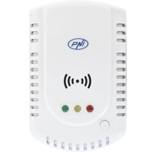 Detector de gaz PNI alb cu PNI Logo, martori luminoși de stare, simbol de alarmă și buton de testare.