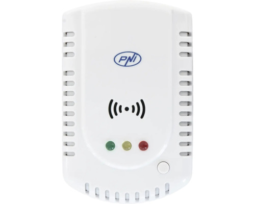 Senzor de gaz PNI GD-01, avertizare sonoră și luminoasă Detector de gaz PNI alb cu PNI Logo, martori luminoși de stare, simbol de alarmă și buton de testare.