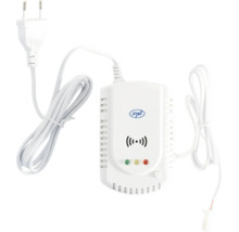 Detector de gaz din plastic cu PNI Logo, ștecher, indicatoare luminoase, simbol alarmă și cabluri de conectare.