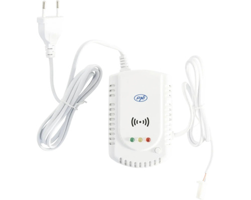 Detector de gaz din plastic cu PNI Logo, ștecher, indicatoare luminoase, simbol alarmă și cabluri de conectare.