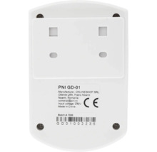 Vedere din spate a unui detector de gaz alb PNI GD-01 cu plăcuță de identificare, marcaj CE și orificii de montare.
