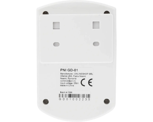 Vedere din spate a unui detector de gaz alb PNI GD-01 cu plăcuță de identificare, marcaj CE și orificii de montare.