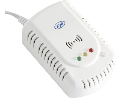 Detector de gaz PNI alb din plastic cu PNI Logo, fante de ventilație, martori de stare și buton de testare.