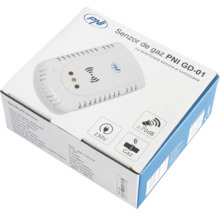 Ambalajul senzorului de gaz PNI GD-01 cu PNI Logo, pentru gaz natural și GPL, 230 Volt, avertizare sonoră și luminoasă peste 70 decibeli.