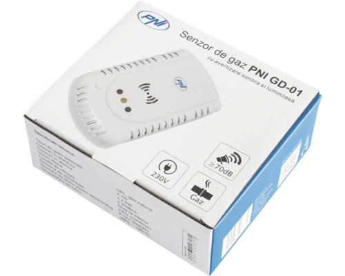 Ambalajul senzorului de gaz PNI GD-01 cu PNI Logo, pentru gaz natural și GPL, 230 Volt, avertizare sonoră și luminoasă peste 70 decibeli.
