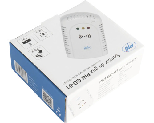 Senzor de gaz PNI GD-01 în ambalaj, pentru detecția gazului, conexiune 230 volți, alarmă acustică peste 70 decibeli.