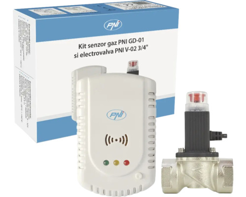 Kit senzor gaz PNI GD-01 și electrovalvă PNI V-02 3/4 inch, incluzând senzorul, valva și ambalajul.