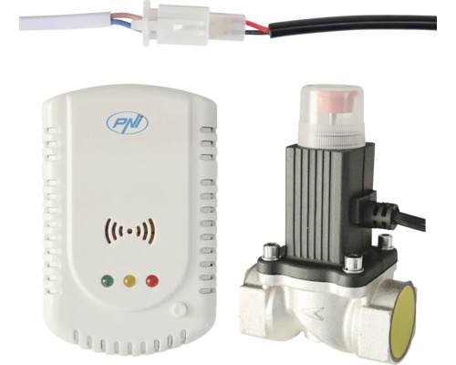 Kit detector gaz și electrovalvă PNI GD-01 3/4'' Kit detector de gaz PNI cu senzor alb, PNI Logo, simbol de alarmă, indicatori de stare și electrovalvă argintie cu carcasă neagră și cablu.