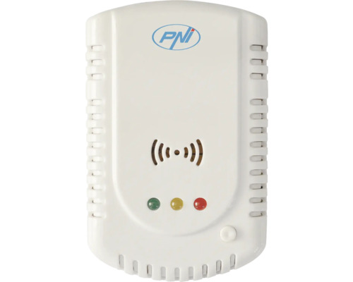 Detector de gaz cu PNI Logo, trei martori luminoși și fante de ventilație.