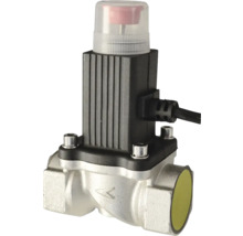 Electroventilă din metal cu carcasă din plastic negru și capac de protecție transparent