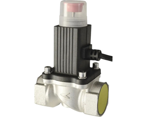 Electroventilă din metal cu carcasă din plastic negru și capac de protecție transparent