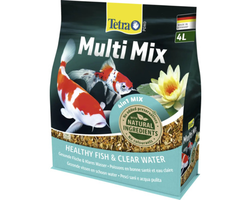 Hrană 4 în 1 pentru pești de iaz Tetra Pond Multi Mix, sac de 4 litri cu ingrediente naturale pentru pești sănătoși și apă curată.