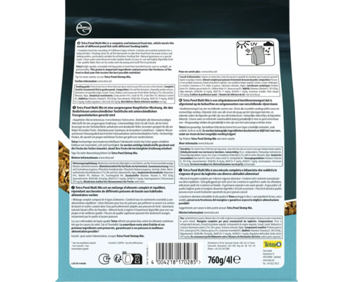 Spatele ambalajului hranei pentru pești Tetra Pond Multi Mix cu instrucțiuni, ingrediente, greutatea de 760 grame și 4 litri, sigla Tetra și simbolul de protecție UV.