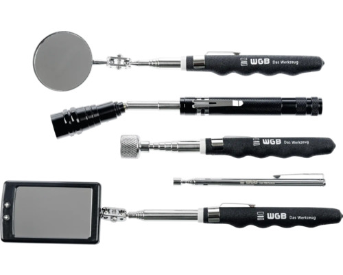 Set de scule telescopice WGB cu oglindă de inspecție rotundă și dreptunghiulară, magnet și lanternă cu LED, WGB Logo.