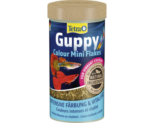 Tetra Guppy Colour Mini Flakes hrană completă pentru gupi pentru culori intense și vitalitate cu ingrediente naturale.