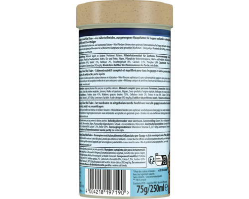 Spatele ambalajului hranei pentru pești Tetra Guppy Colour Mini Flakes cu ingrediente, recomandări de hrănire și cod de bare.
