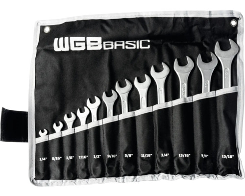 Set de 12 chei fixe duble WGB Basic în husă rull-up neagră, dimensiuni de la 1/4 la 15/16 inchi, oțel crom-vanadiu.