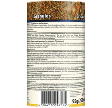 Etichetă de mâncare pentru pești cu informații despre granule și crisps, ingrediente și recomandări de hrănire pentru pești ornamentali.