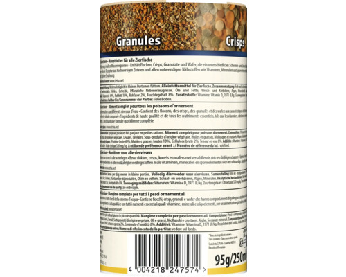 Etichetă de mâncare pentru pești cu informații despre granule și crisps, ingrediente și recomandări de hrănire pentru pești ornamentali.