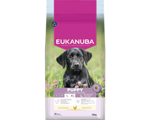 Hrană Eukanuba pentru căței de talie mare și foarte mare, cu pui proaspăt, 15 kilograme, susține creșterea oaselor și capacitatea de învățare.