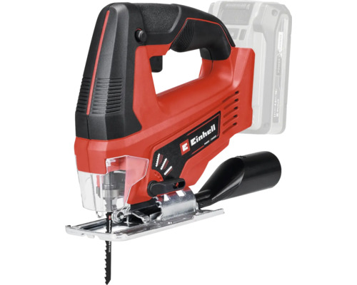 Ferăstrău pendular cu acumulator Einhell cu mâner tip cadru, pânză de ferăstrău, protecție transparentă împotriva așchiilor și adaptor de aspirare.