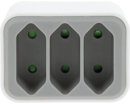 Adaptor triplu pentru priză din plastic în culorile alb și gri.