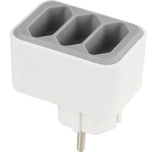 Adaptor de priză triplu pentru ștechere Euro din plastic alb și gri.