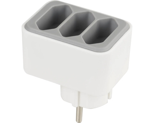 Adaptor de priză triplu pentru ștechere Euro din plastic alb și gri.
