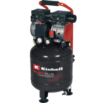 Compresor Einhell Silent Plus cu rezervor negru vertical, două manometre și mâner de transport roșu.