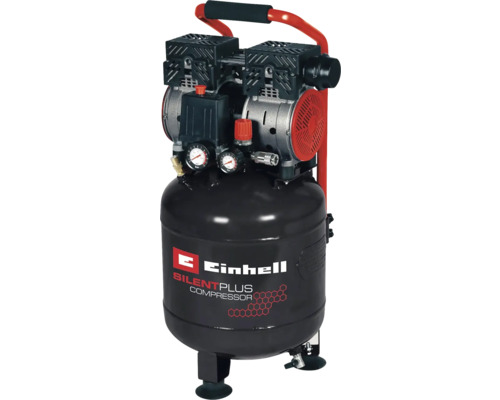 Compresor Einhell Silent Plus cu rezervor negru vertical, două manometre și mâner de transport roșu.