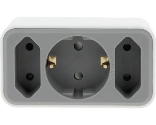 Adaptor priză multiplă alb și gri cu o priză cu contact de protecție și două prize Euro, maxim 3680 Watt.