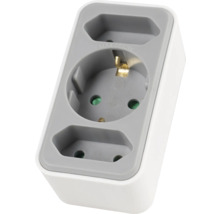 Priză triplă cu un locaș Schuko, două locașuri Euro și protecție copii, maximum 3680 Watt, plastic, alb și gri.