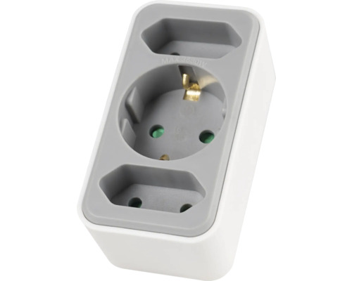 Priză triplă cu un locaș Schuko, două locașuri Euro și protecție copii, maximum 3680 Watt, plastic, alb și gri.