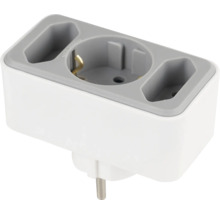 Adaptor de priză triplu cu o priză Schuko și două prize Euro în alb și gri.