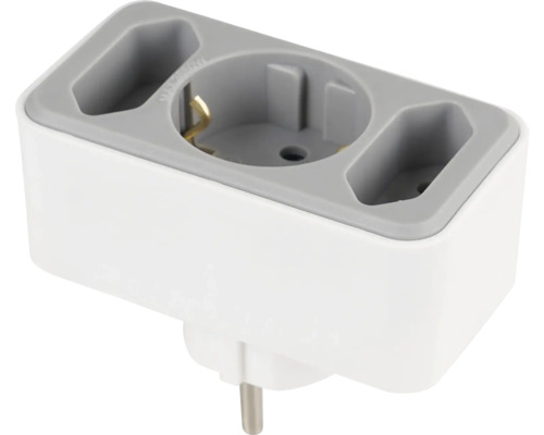 Adaptor de priză triplu cu o priză Schuko și două prize Euro în alb și gri.