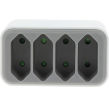 Adaptor cu 4 prize, tip J, gri și alb, compact.