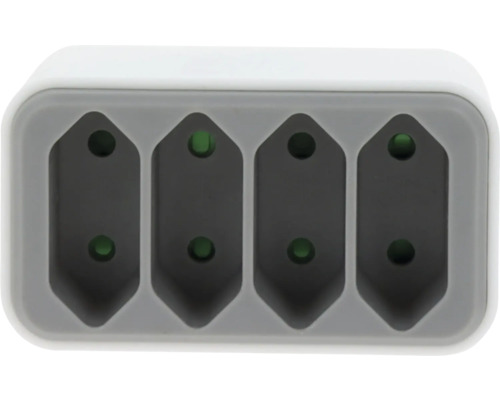 Adaptor cu 4 prize, tip J, gri și alb, compact.