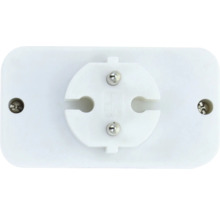 Ștecher cu contact de protecție cu bază plată din plastic alb, doi pini metalici și șuruburi laterale.
