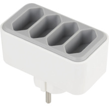 Priză multiplă cu patru intrări din plastic în alb și gri.