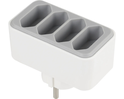 Priză multiplă cu patru intrări din plastic în alb și gri.