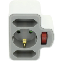 Adaptor de priză alb cu o priză cu contact de protecție, două prize Euro și un comutator pornit-oprit roșu. Maxim 3680 wați.
