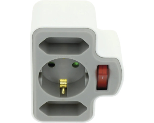 Adaptor de priză alb cu o priză cu contact de protecție, două prize Euro și un comutator pornit-oprit roșu. Maxim 3680 wați.